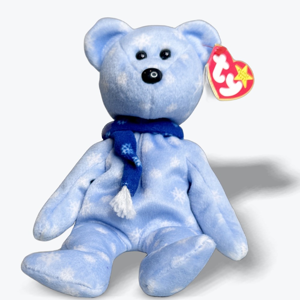 Vintage Ty Beanie‎ Baby 1999 Holiday Teddy Blue Snowflake Bear Scarf Retired